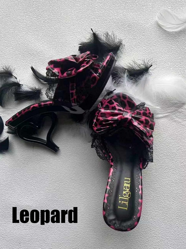 Gyaru Slingback Heels – 9.5cm Heart-Shaped Heel Shoes with Bowknot & Lace in 4 Colors