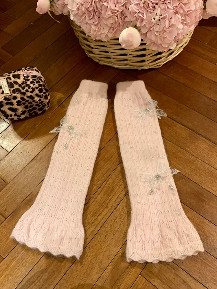 Fuzzy Knit Pearl Bow Leg Warmers