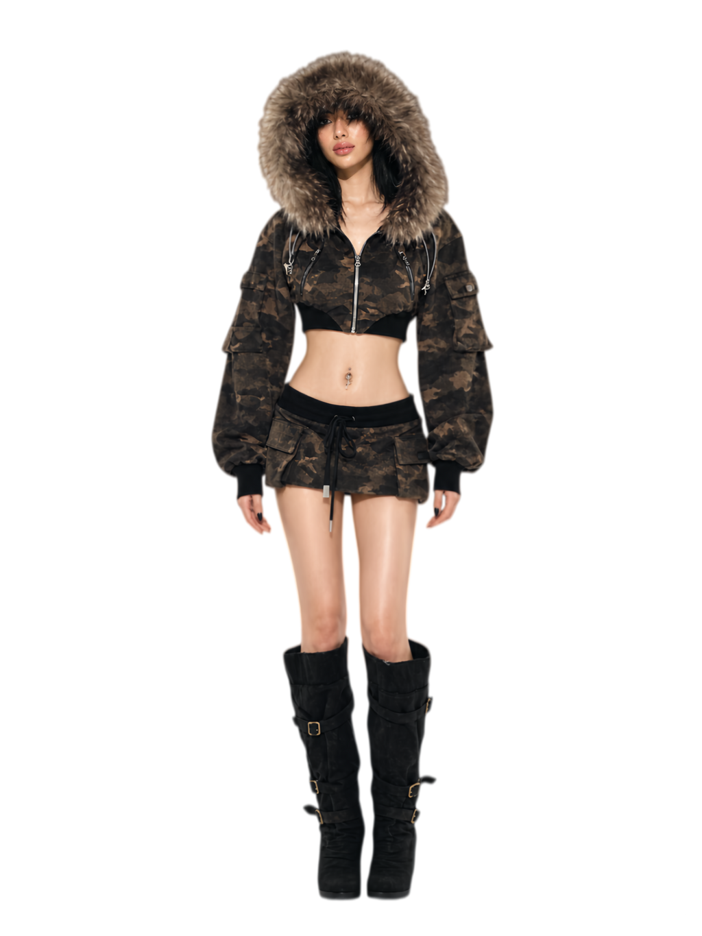 24ANS Camouflage Cropped Jacket Skirt Set - set