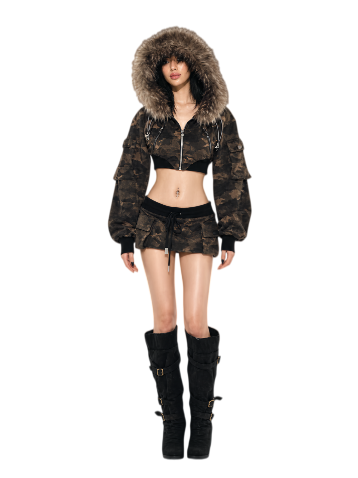 24ANS Camouflage Cropped Jacket Skirt Set - set