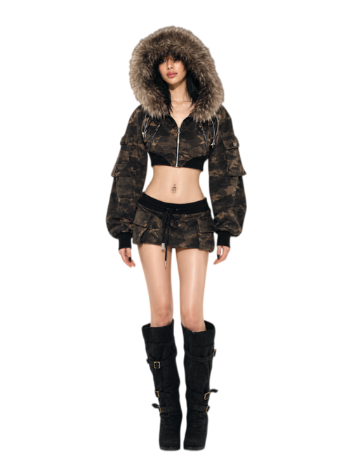 24ANS Camouflage Cropped Jacket Skirt Set - set