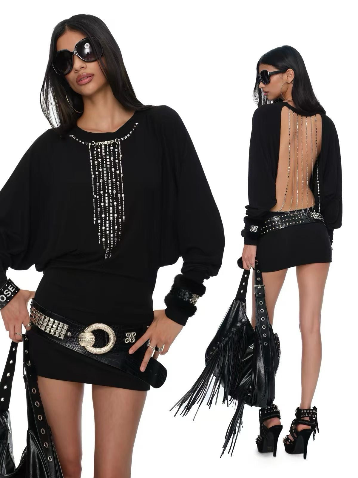 Sloane sheer black rhinestone batwing mini dress