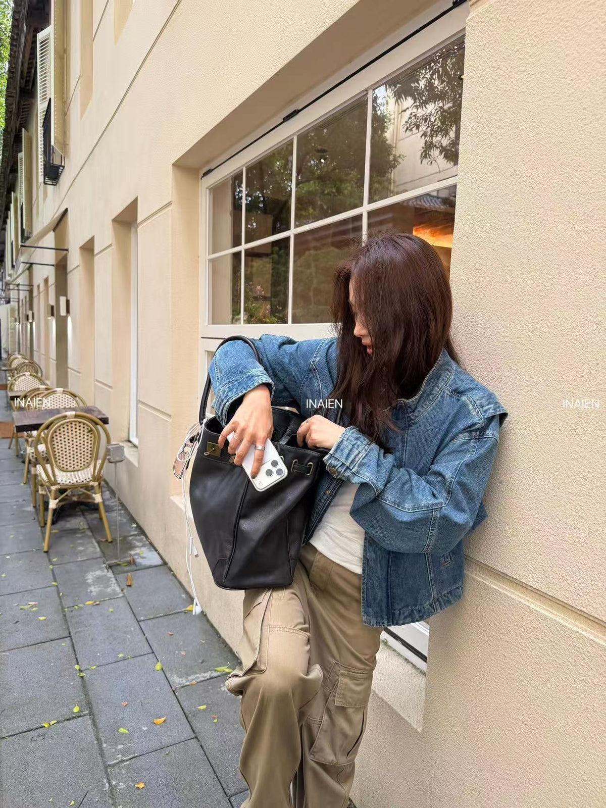 INAIEN Black Water-Dyed Calfskin Vintage  Tote Bag