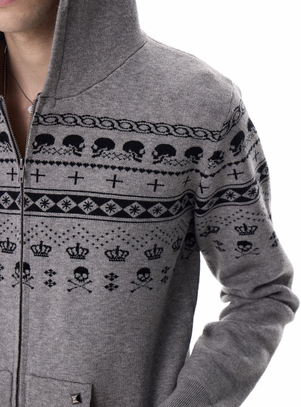 Skull pattern knit cardigan close-up