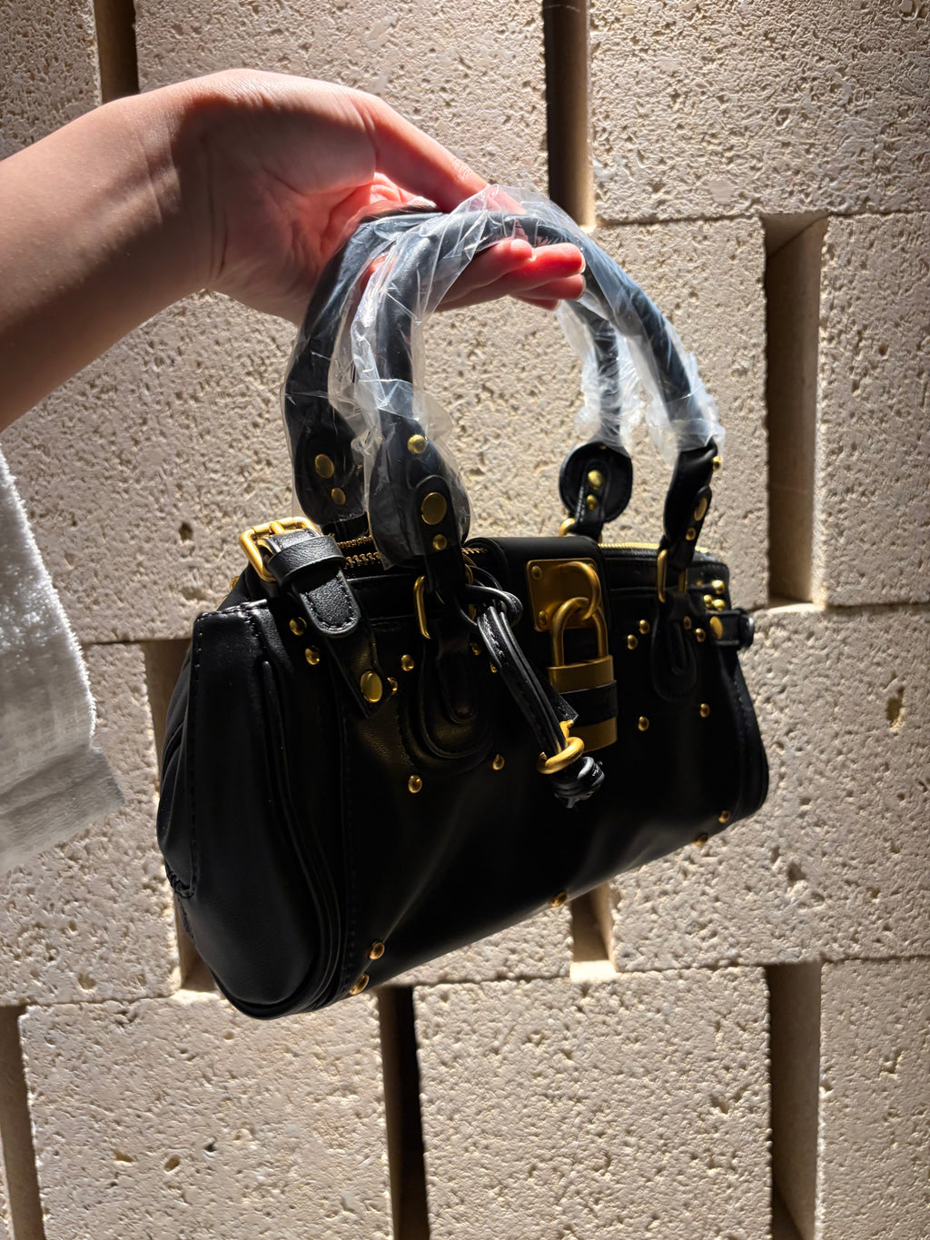 Padlock Structured Microfiber Leather Satchel