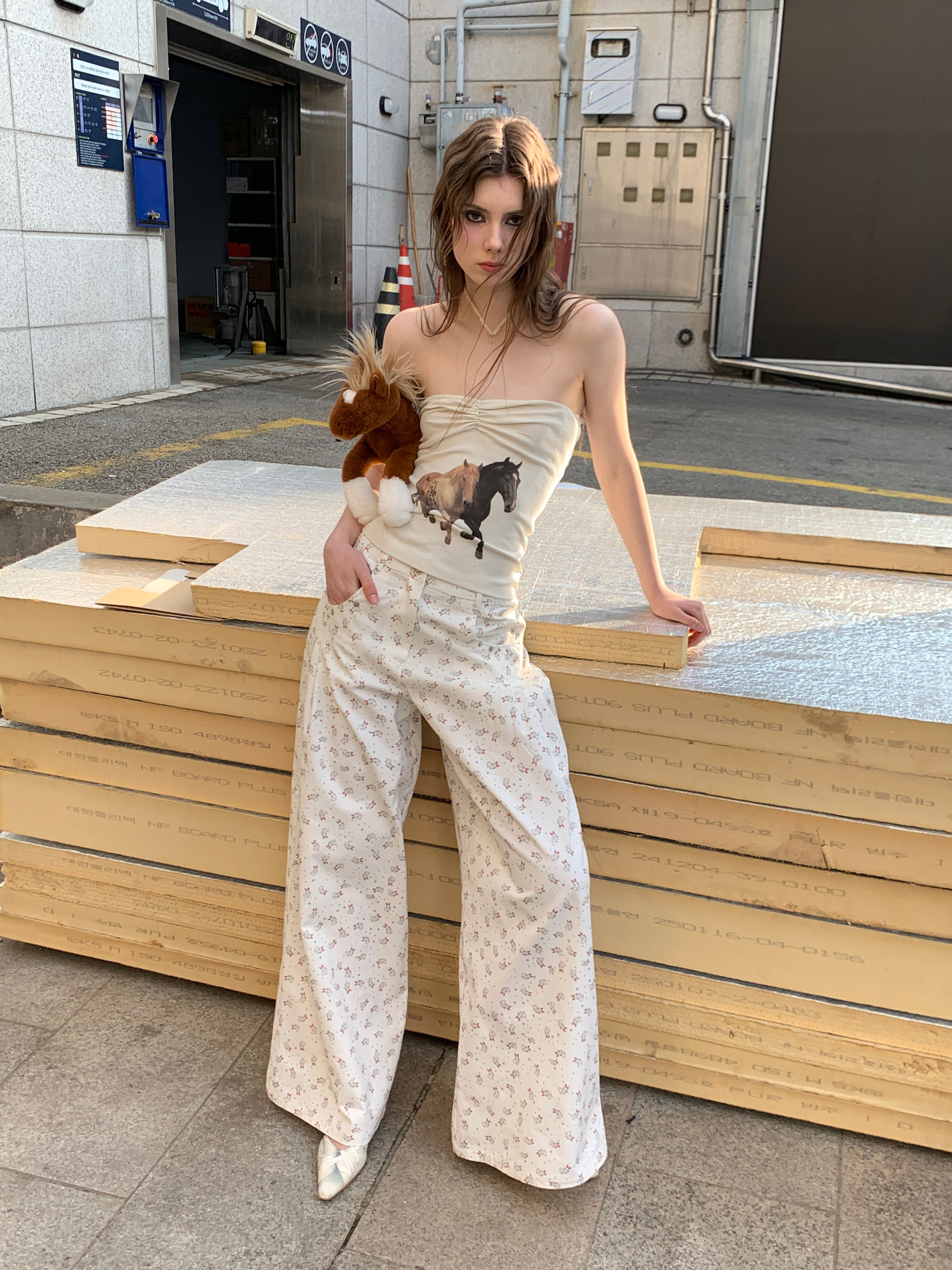 [A00821]Relaxed Fit Bunny Print Wide-Leg Pants