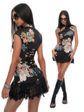 Roxy black jacquard qipao dress with cut-outs and lace hem