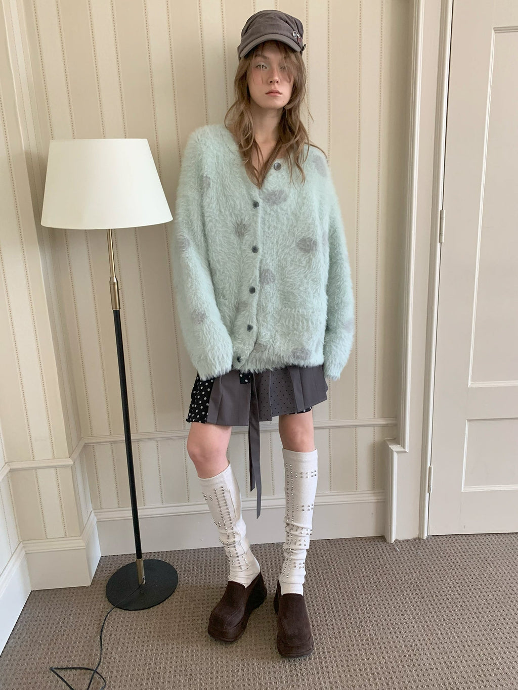 [A001200]Early Spring Mint Green Polka Dot Sweater