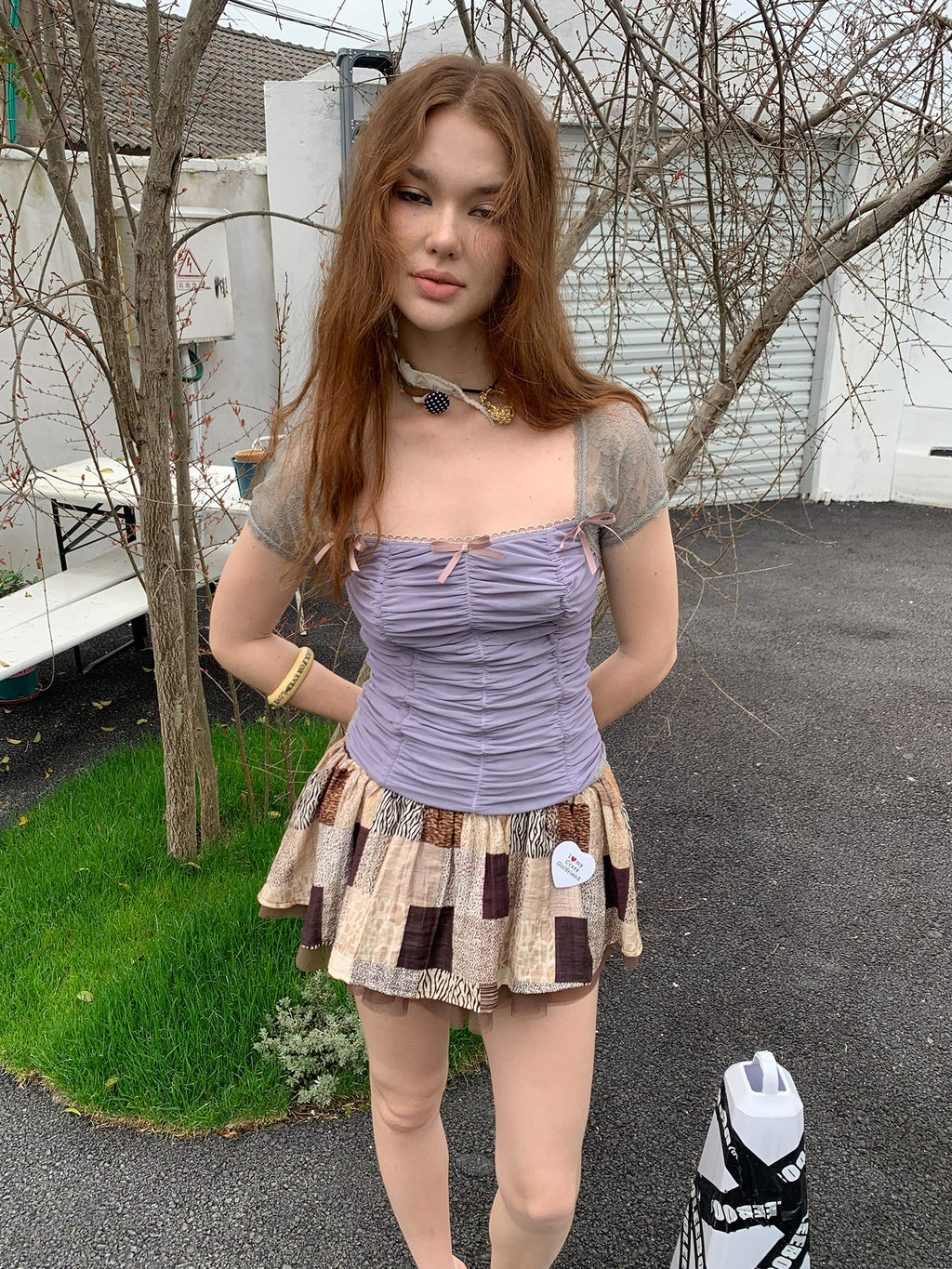 [A001225]Grape purple mesh lace patchwork short-sleeved shirt