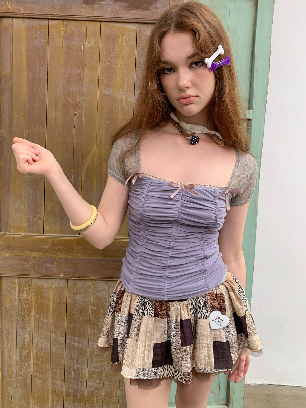 [A001225]Grape purple mesh lace patchwork short-sleeved shirt
