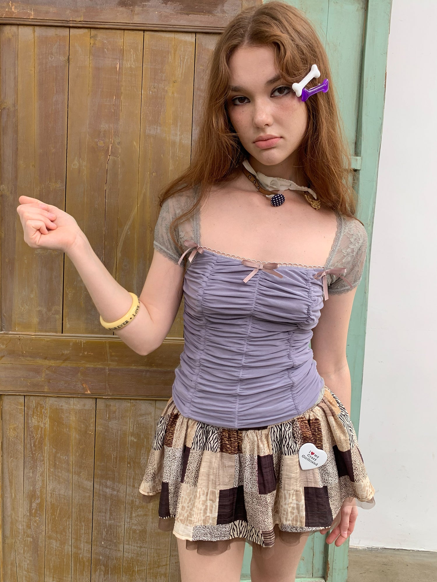[A001225]Grape purple mesh lace patchwork short-sleeved shirt