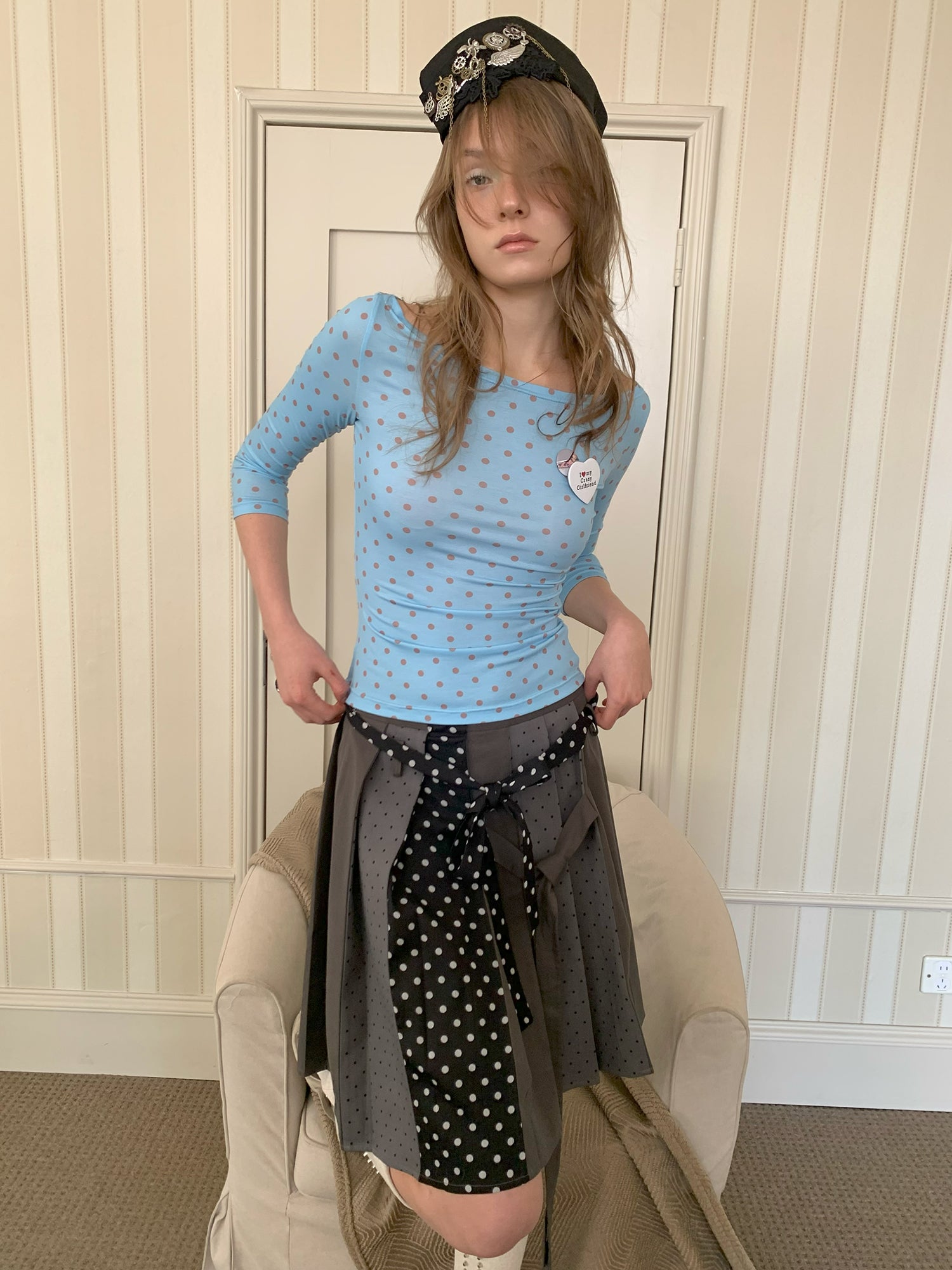 [A001202]Retro Polka Dot Tiered Midi Skirt with Tie Detail