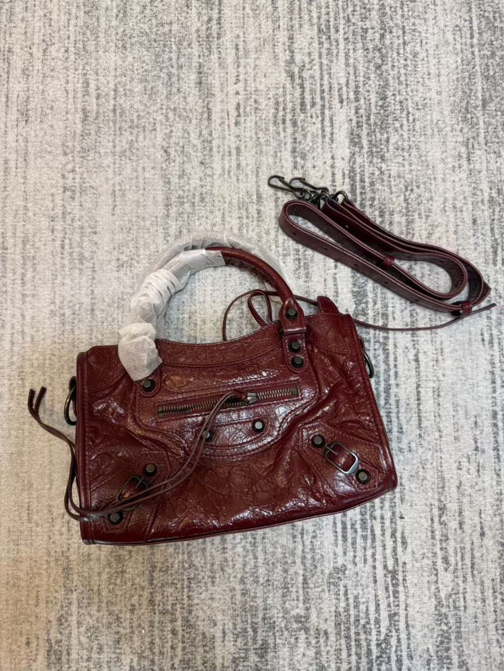 Studded Crinkle Leather Motorcycle Tote City Bag
