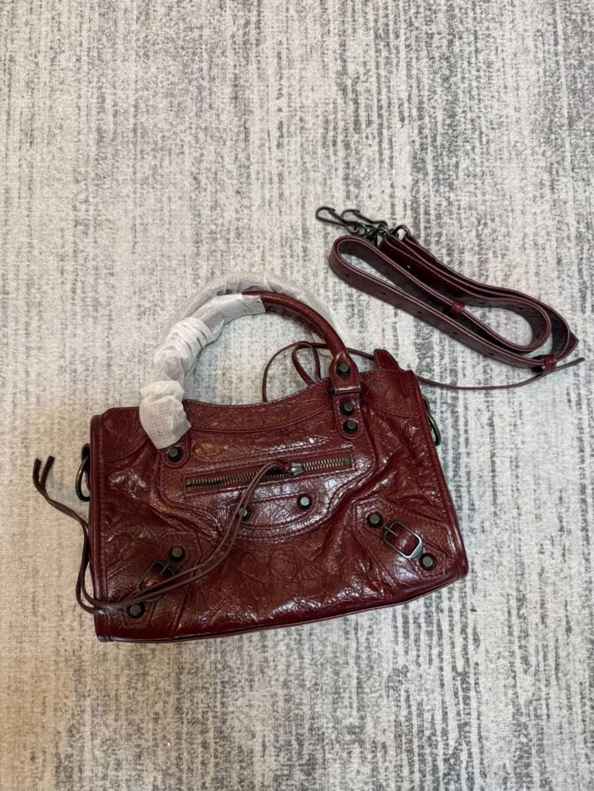 Studded Crinkle Leather Motorcycle Tote City Bag