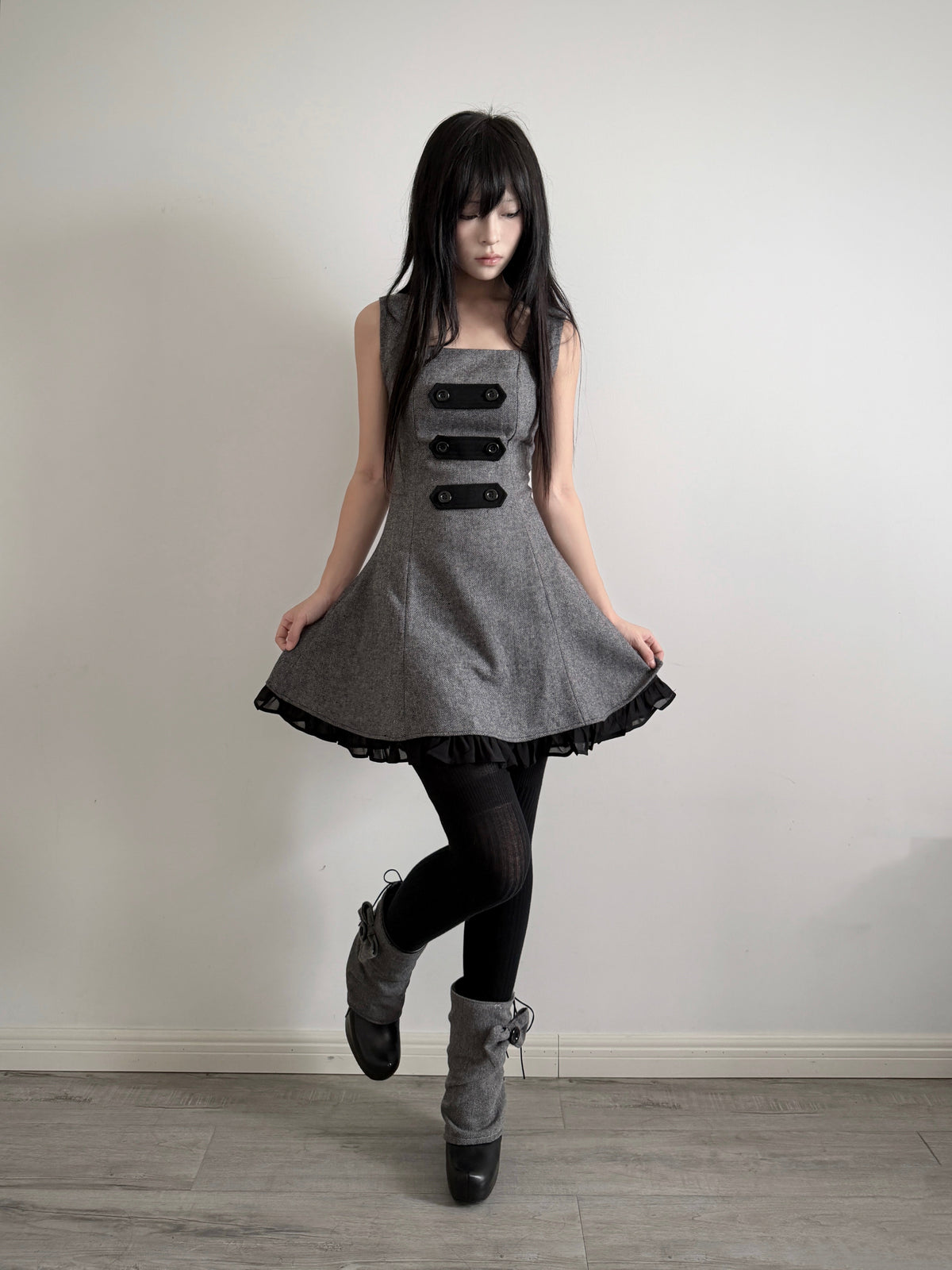 Limited-Run Retro Herringbone Long Pinafore Dress – Wool Blend with Strap Loops & Double-Breasted Buttons