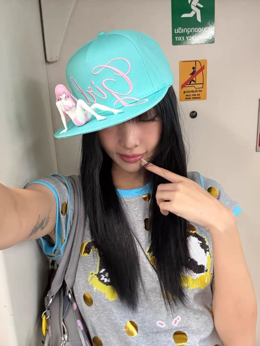 Girl 3D Embroidered Mint Green Flat Brim Cap