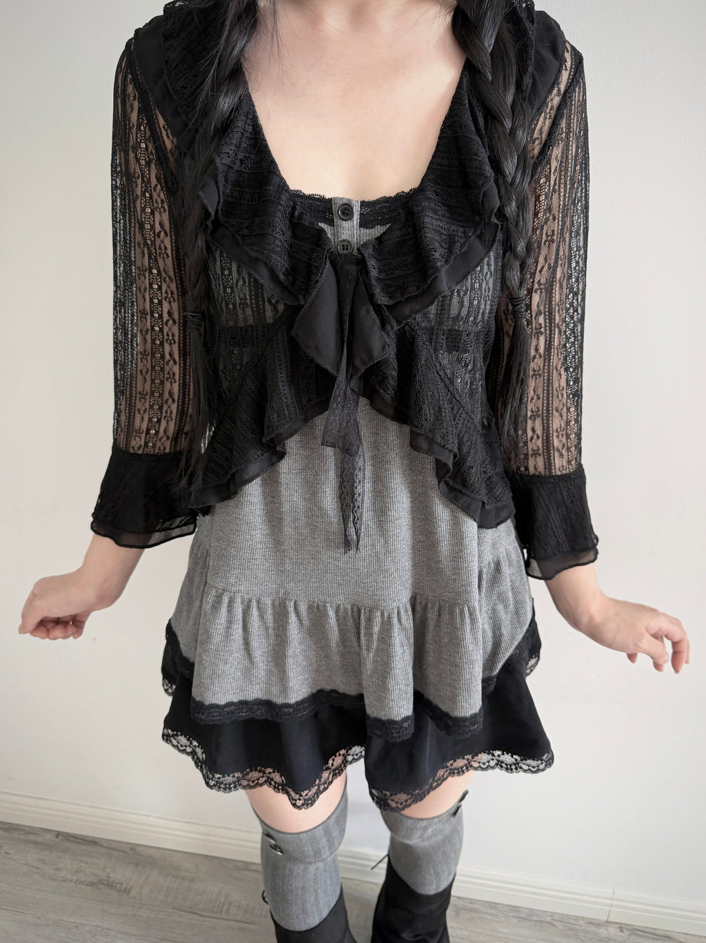 Black Lace Tie-Front Ruffle Hem Cardigan