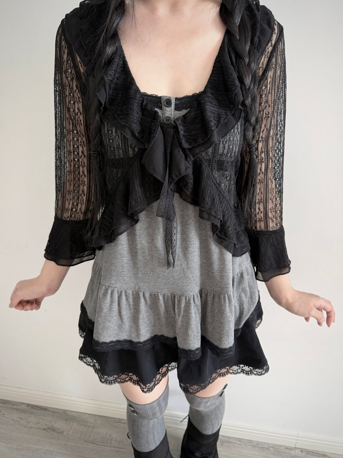 Black Lace Tie-Front Ruffle Hem Cardigan