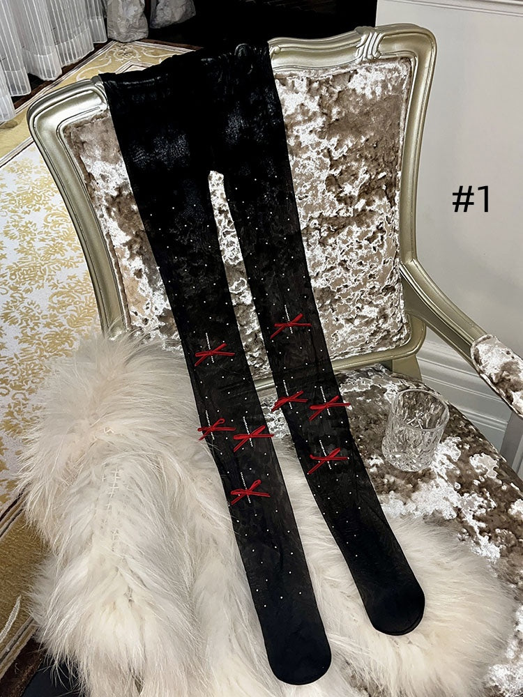 Rhinestone Bowknot Polka-Dot Pattern Tights