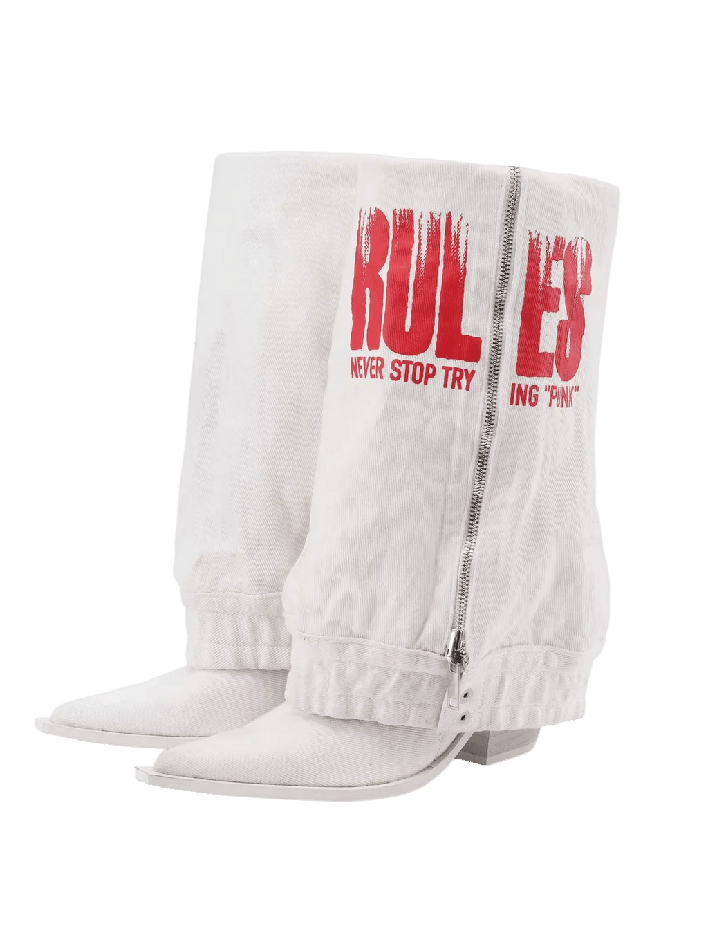 24ANS Slouchy Printed Denim Heeled Boots – Ruched Leg-Lengthening Boots