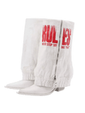 24ANS Slouchy Printed Denim Heeled Boots – Ruched Leg-Lengthening Boots