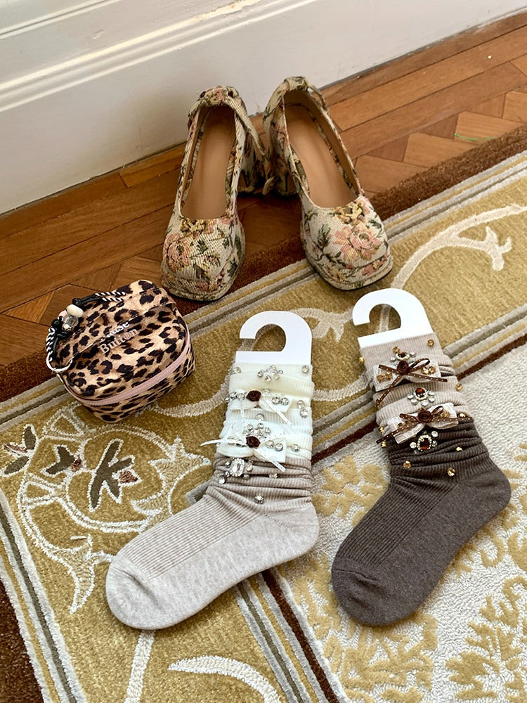 Rhinestone Bow Embellished Knit Calf Socks