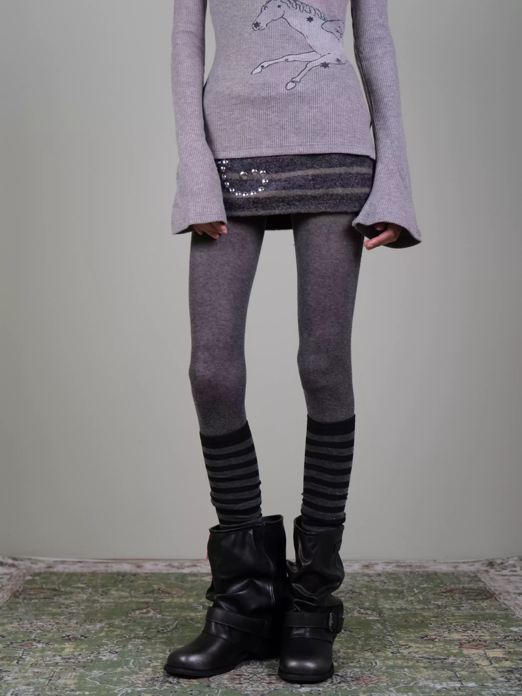 Grey Opaque Tights & Striped Calf Socks Set - Fall Winter Layering Look