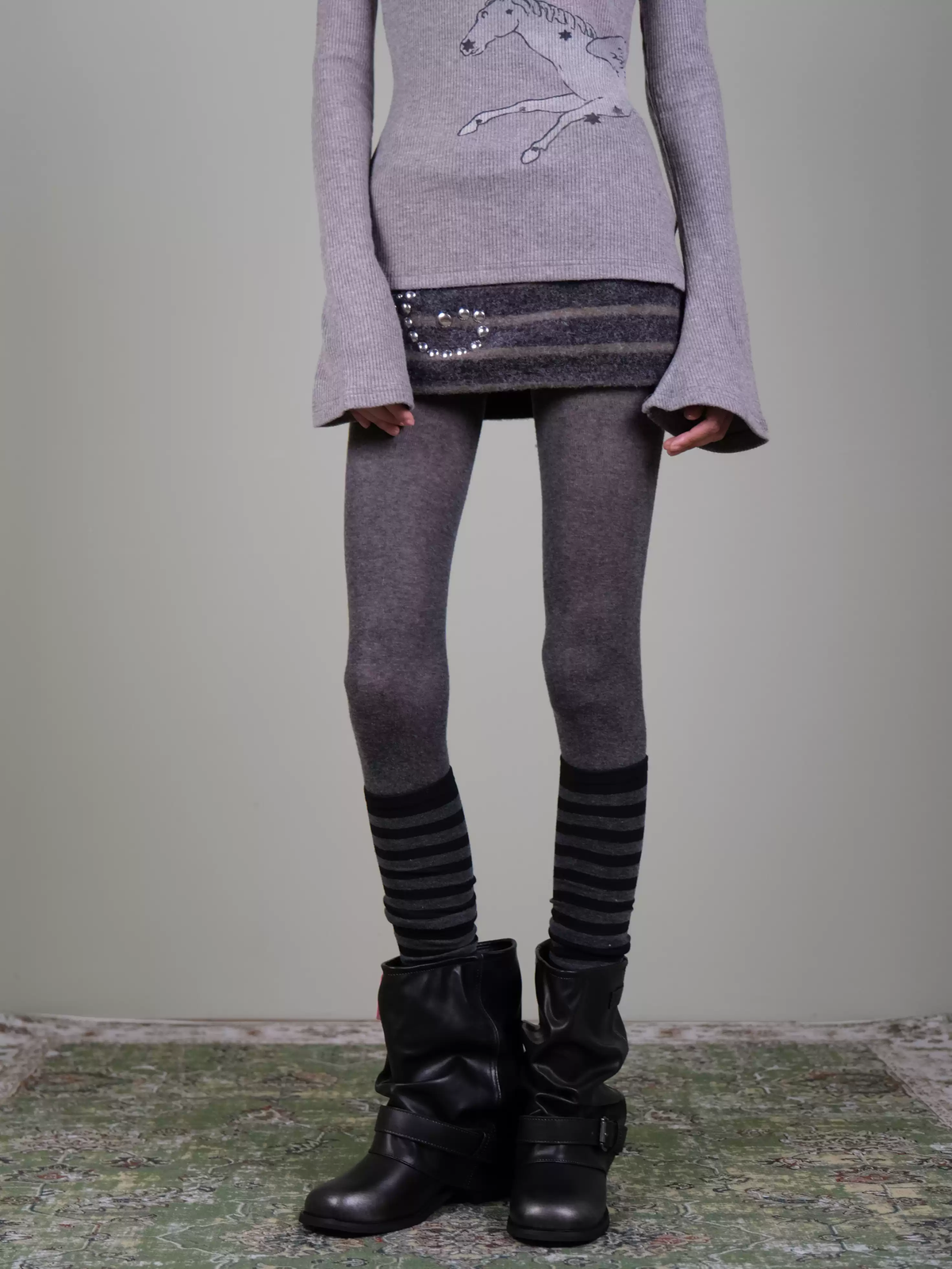 Grey Opaque Tights & Striped Calf Socks Set - Fall Winter Layering Look