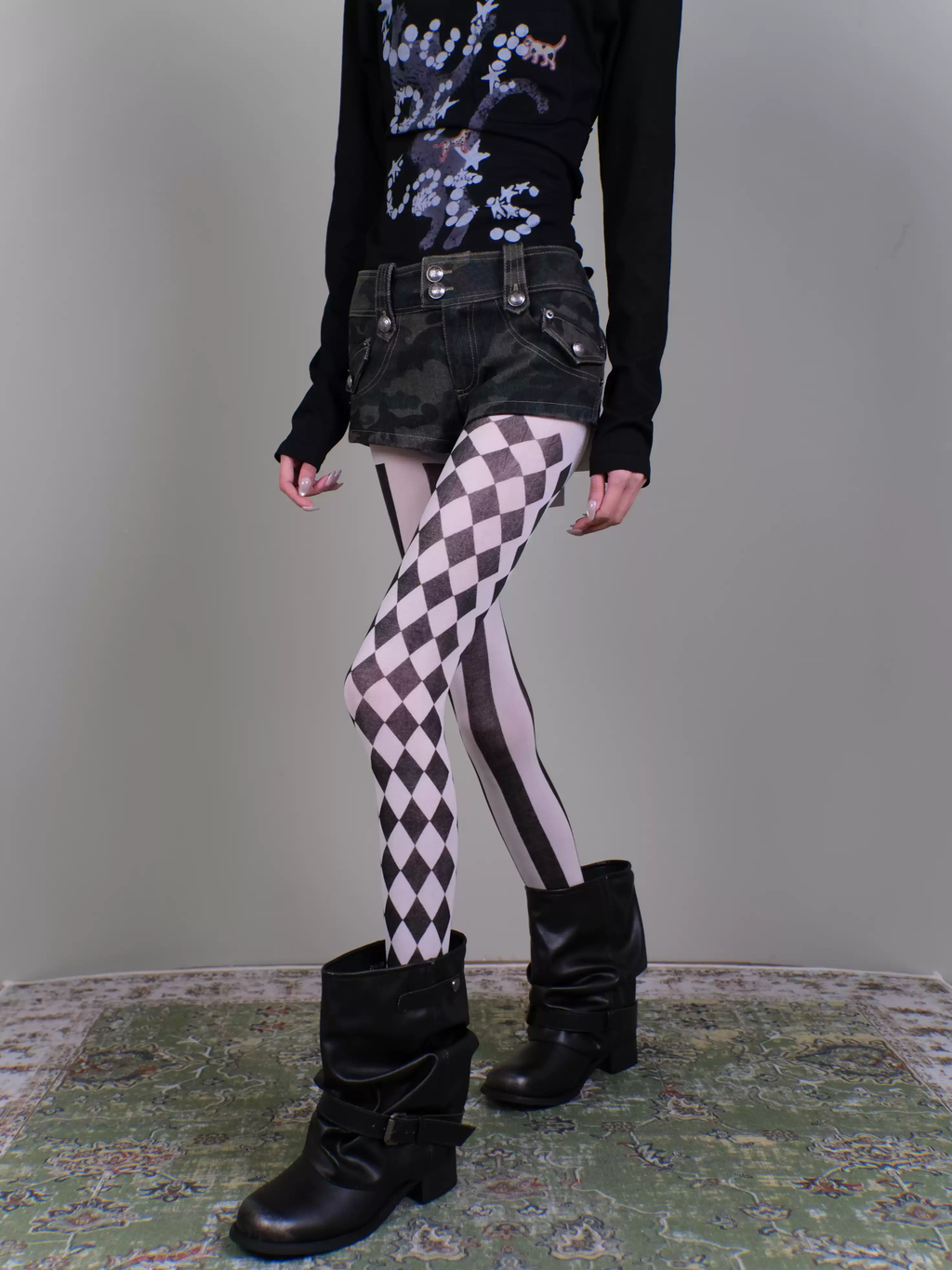 Harlequin Diamond & Vertical Stripe Mismatched Tights - Black & White Gothic AB Style