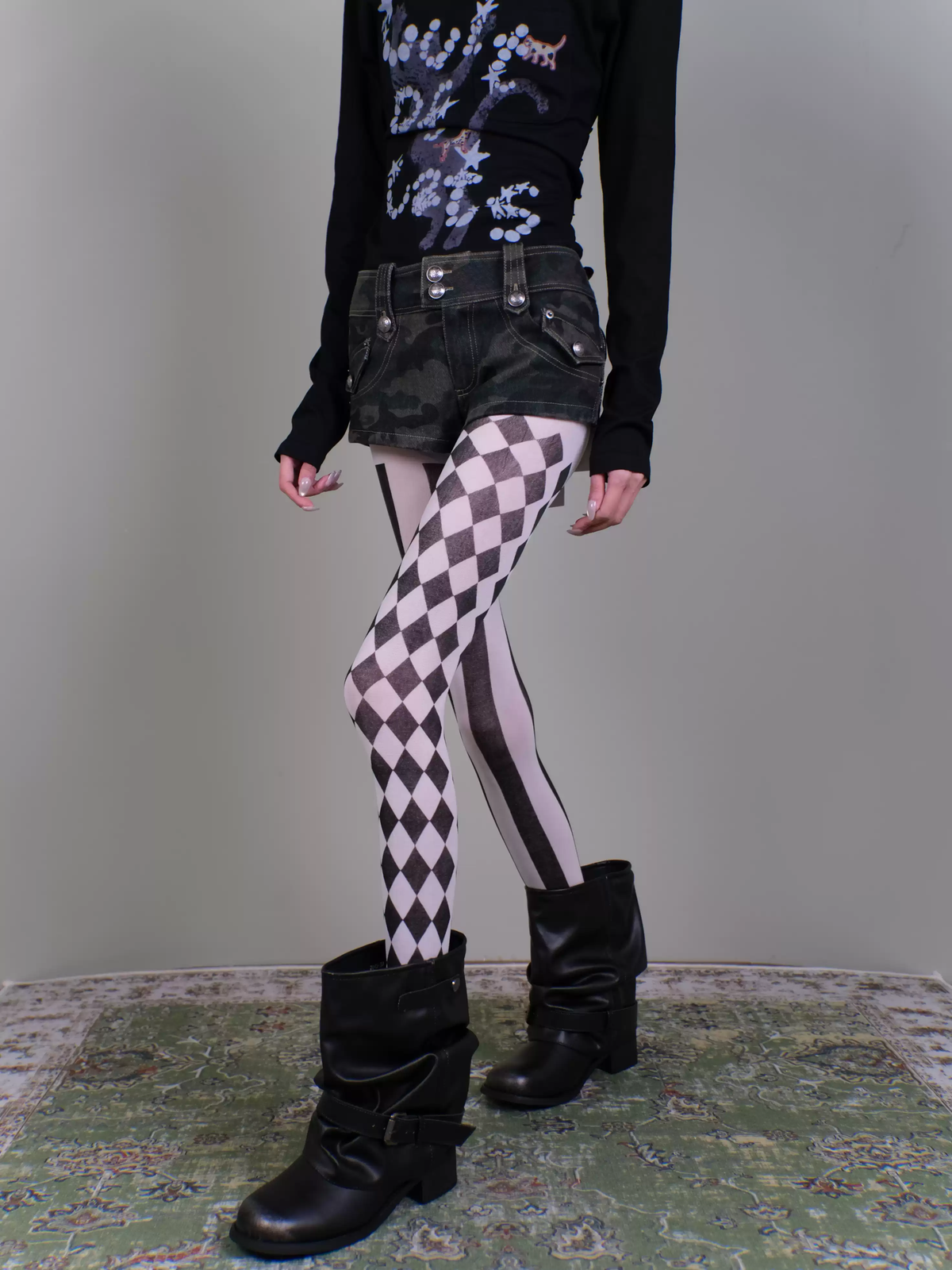 Harlequin Diamond & Vertical Stripe Mismatched Tights - Black & White Gothic AB Style