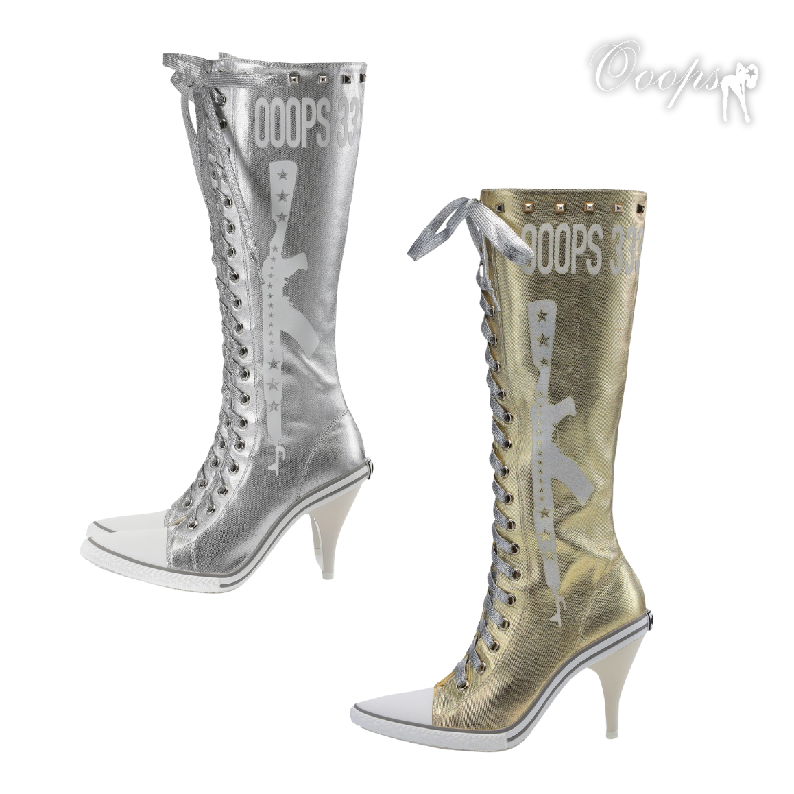 Ooops333 Y2K Studded Glitter Canvas High Top Heels | Metallic Lace-Up Platform Boots