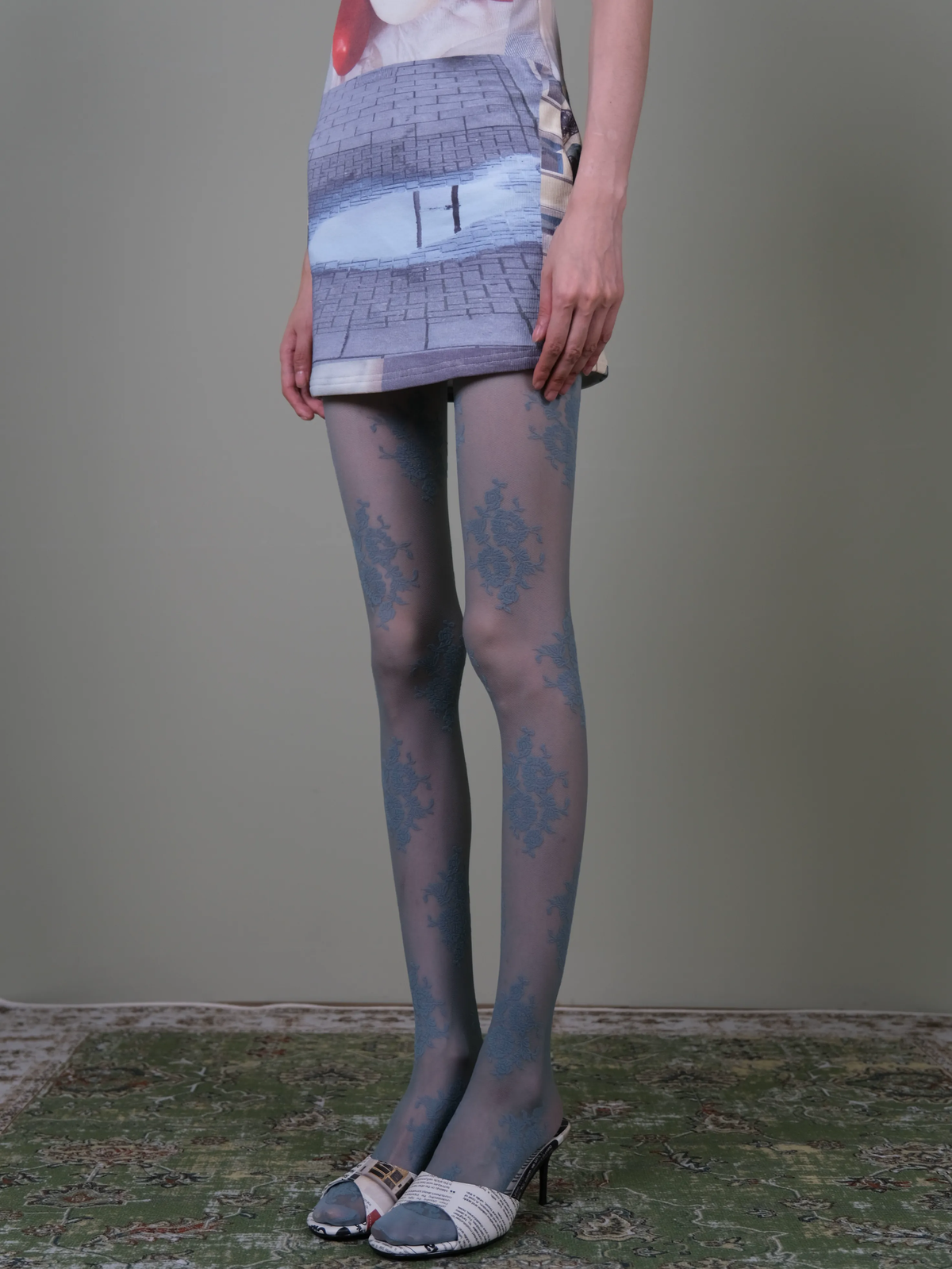Blue Floral Lace Tights - Elegant Vintage Sheer Patterned Stockings