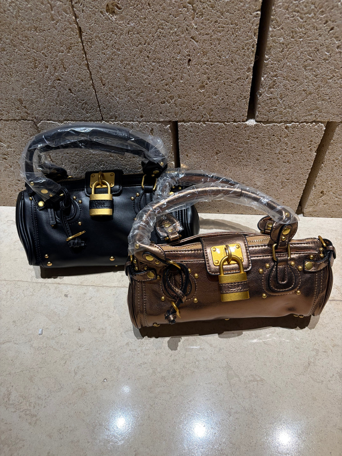 Padlock Structured Microfiber Leather Satchel