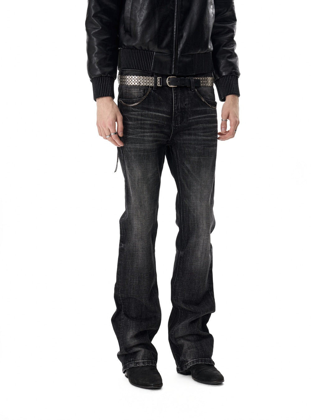 Washed chain pocket flare denim pants in black
