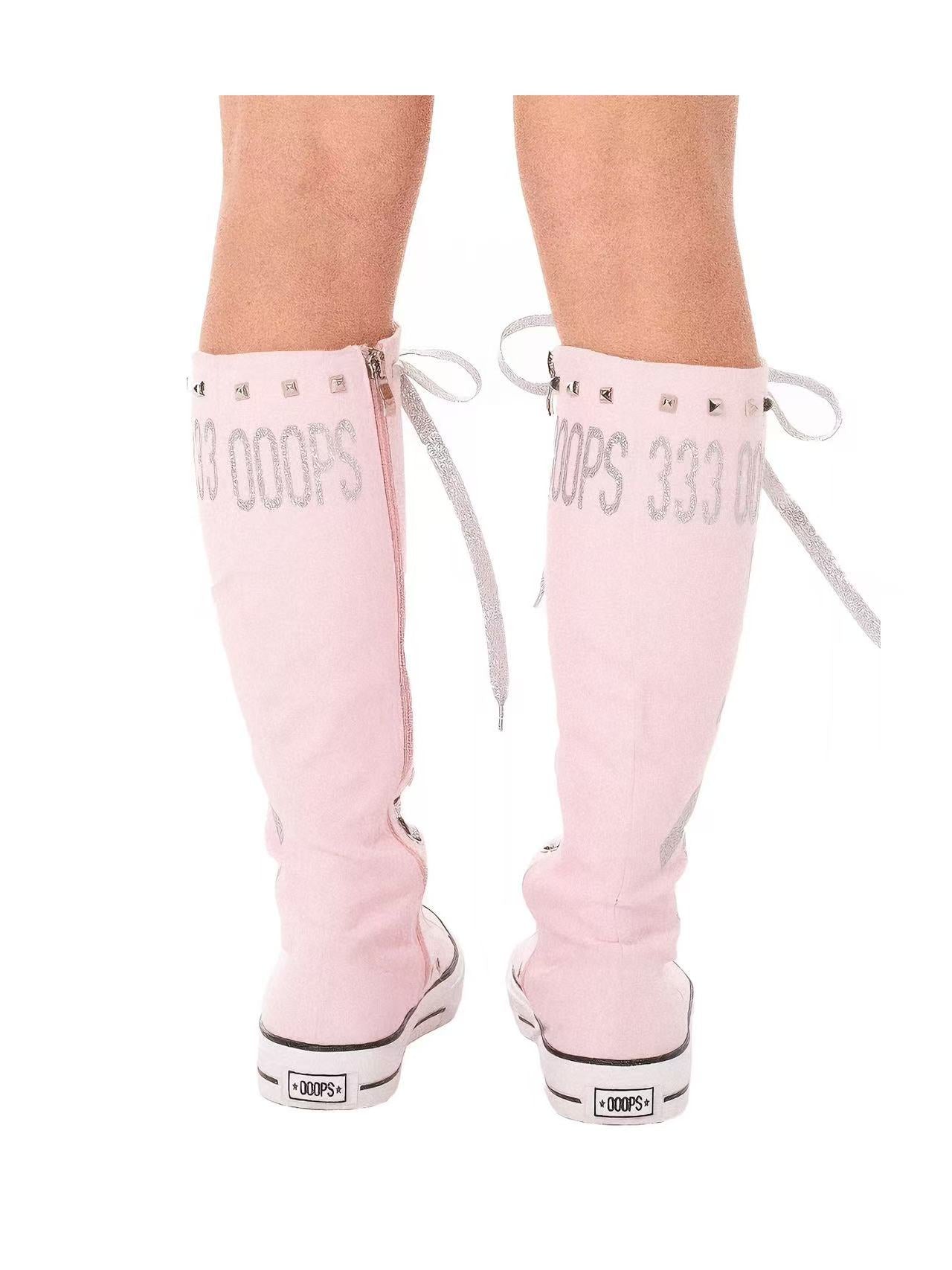 Ooops333 Studded Glitter Canvas Knee-High Lace-Up Boots