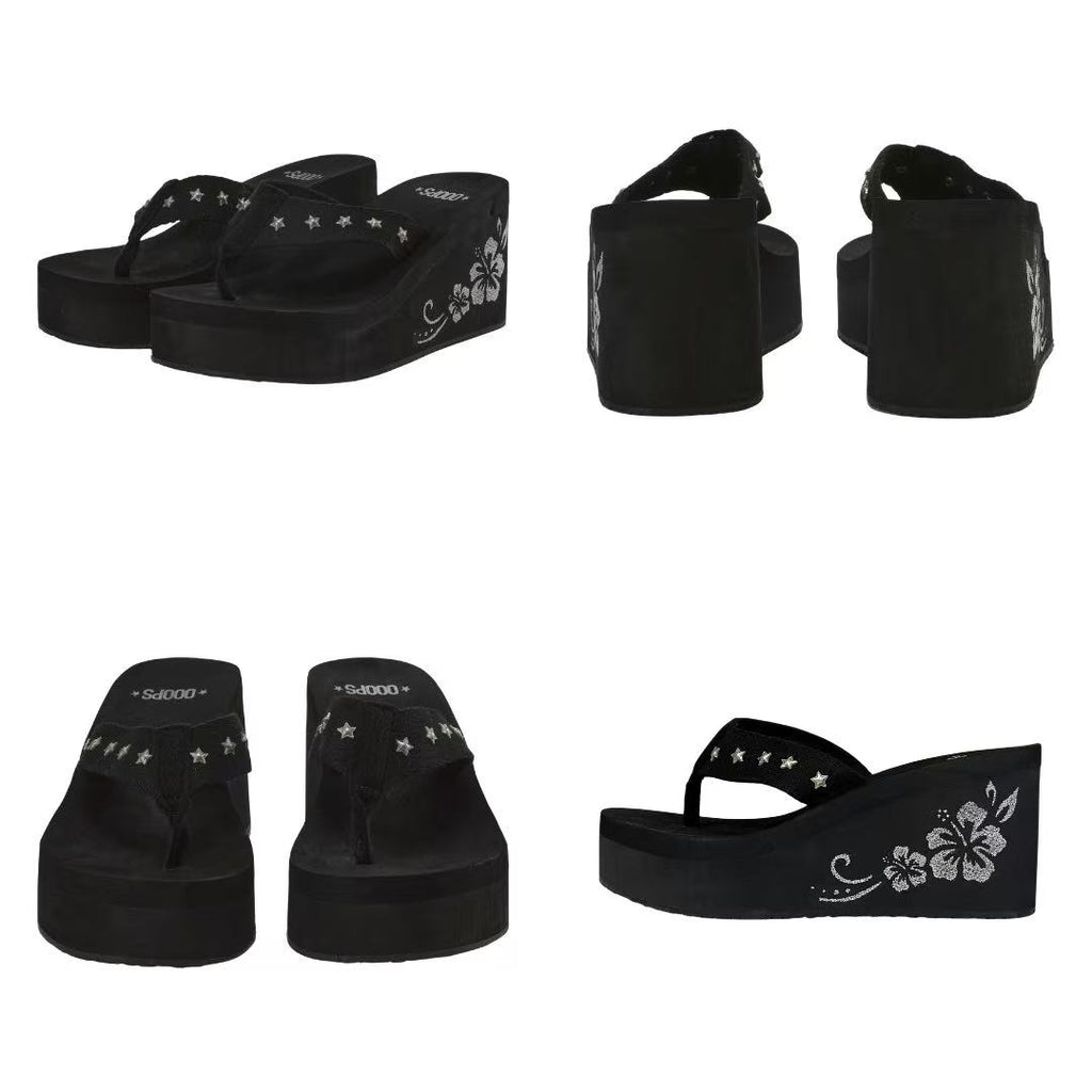 Ooops333 Y2K Star & Hibiscus Charm Platform Sandals | Retro Wedge Flip Flops
