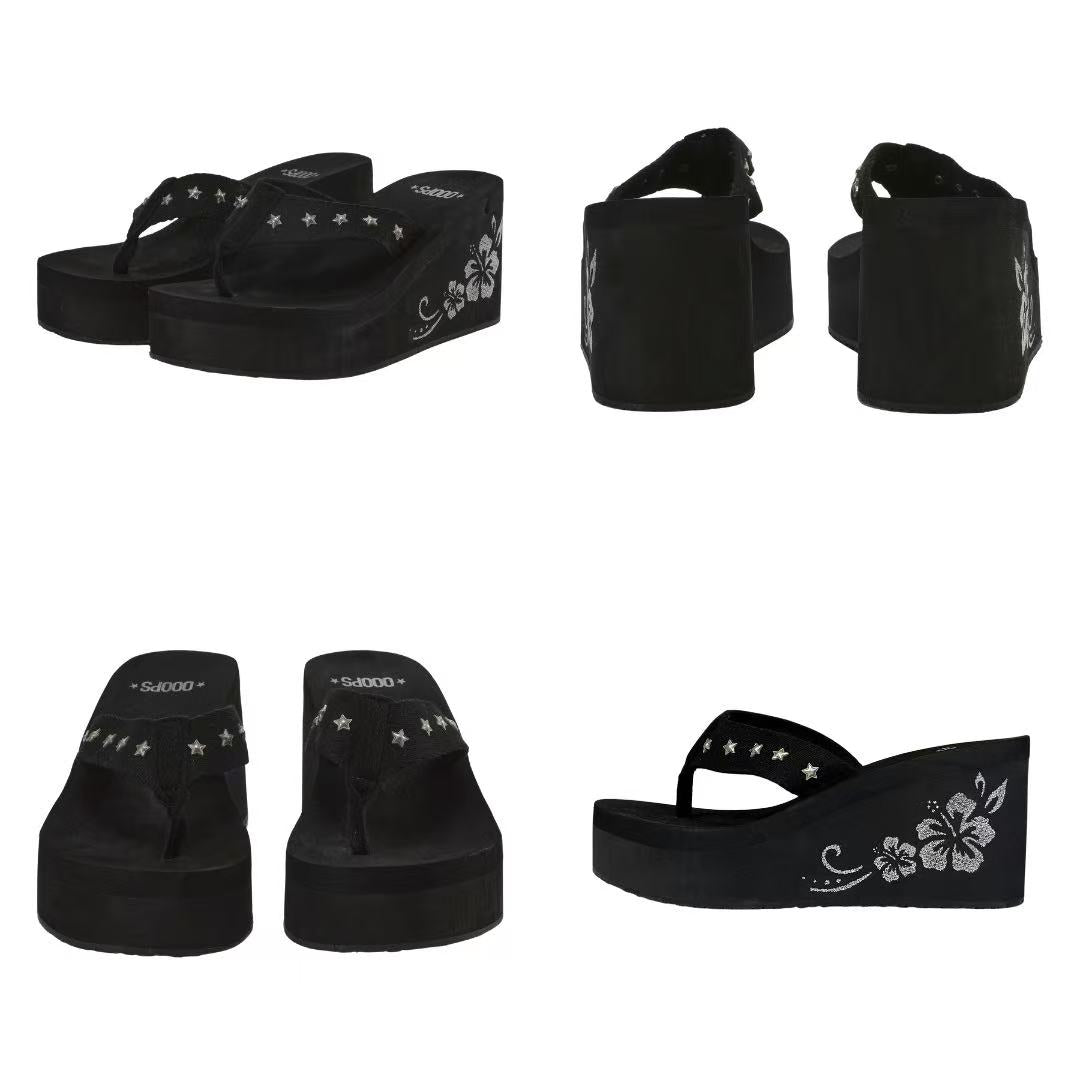 Ooops333 Y2K Star & Hibiscus Charm Platform Sandals | Retro Wedge Flip Flops