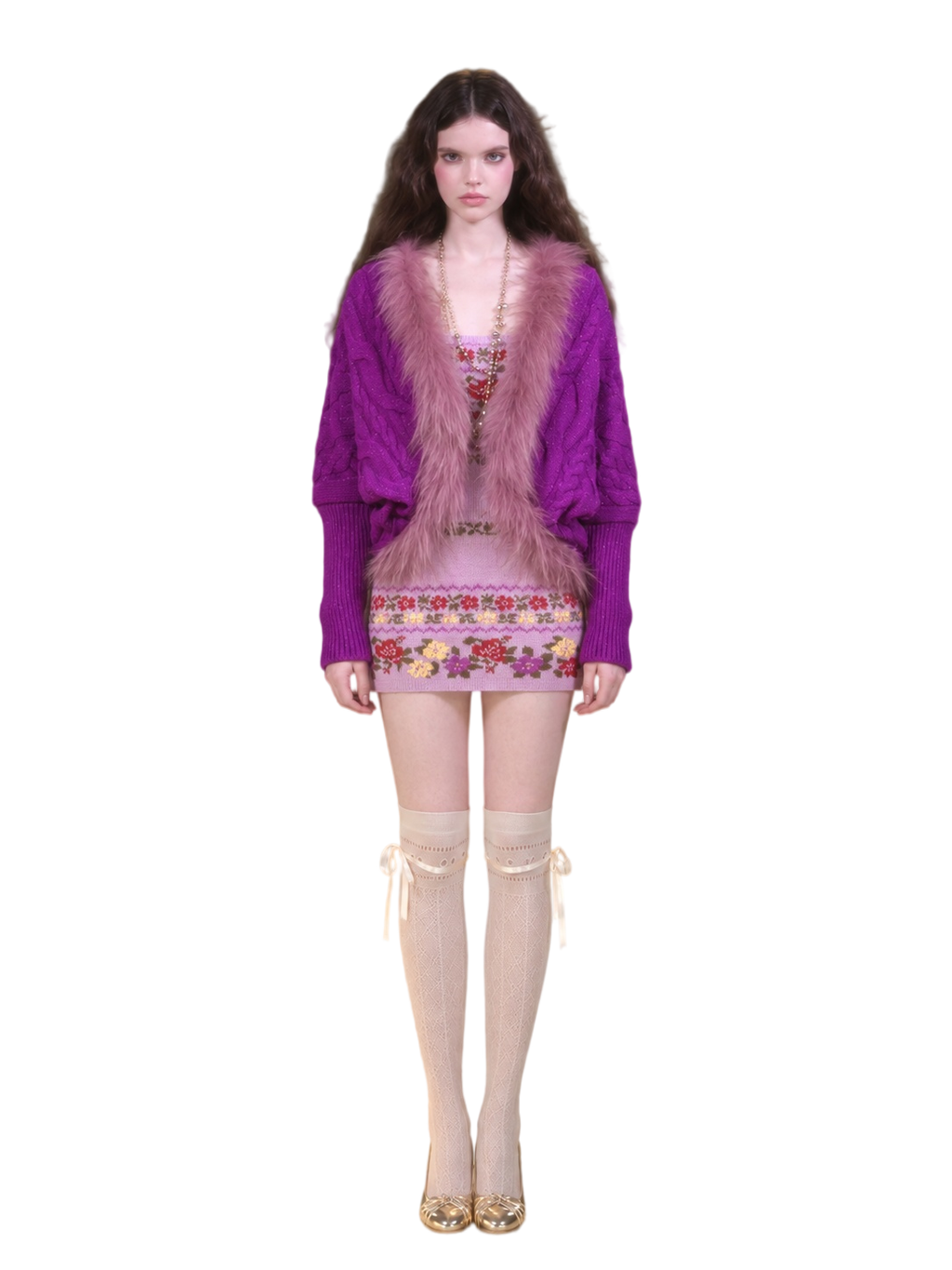 Retro Cable Knit Batwing Wool Cardigan with Fur Trim