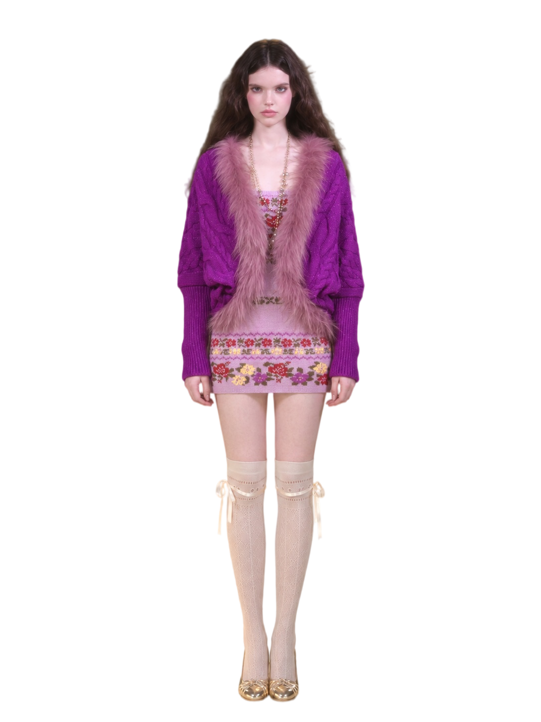 Retro Cable Knit Batwing Wool Cardigan with Fur Trim
