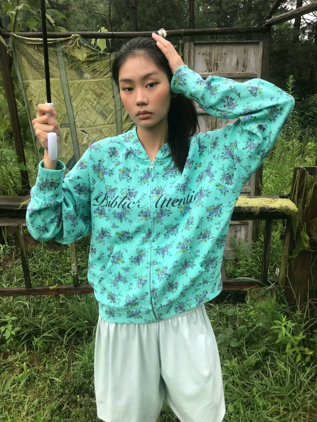 Mint Floral Print Zip-Up Hoodie – "Public Attention" Graphic
