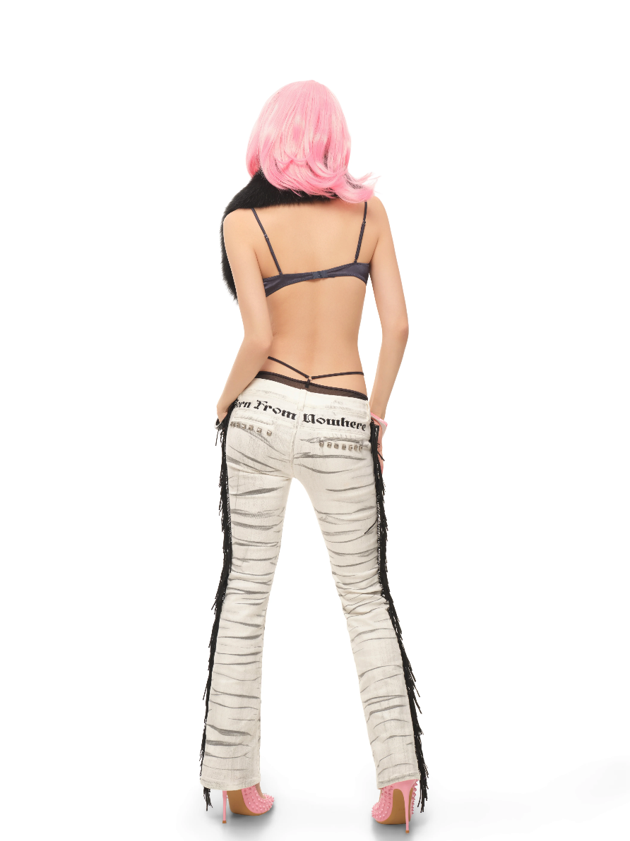 Sivona Fashion Icon Fringe Low-Rise Distressed Studded White Jeans
