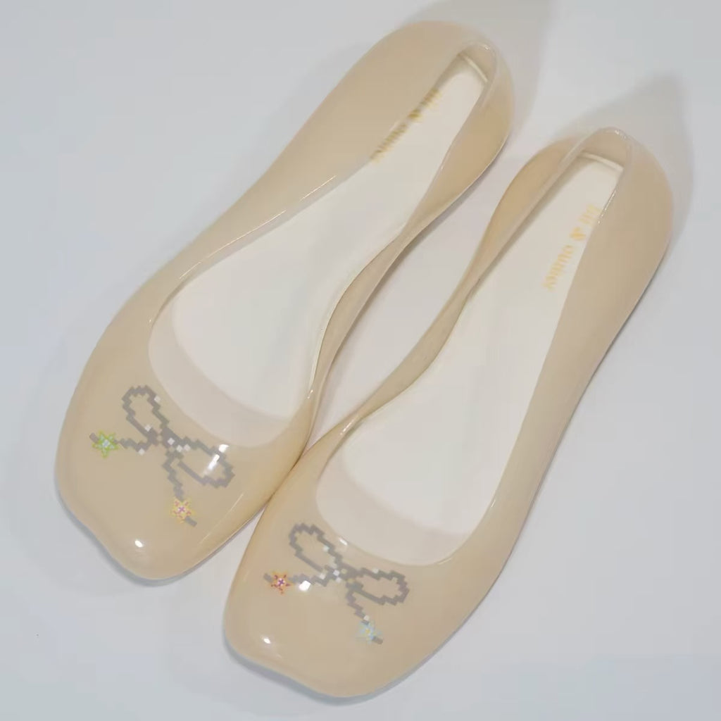 Pixel Bow Jelly Ballet Flats – Transparent Square-Toe Jelly Shoes