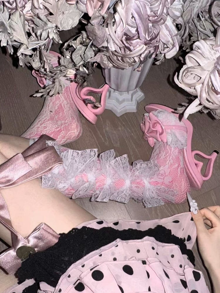 Pink Heart Heel Gyaru Slingback Shoes – 9.5cm Heels with Bowknot & Lace Details