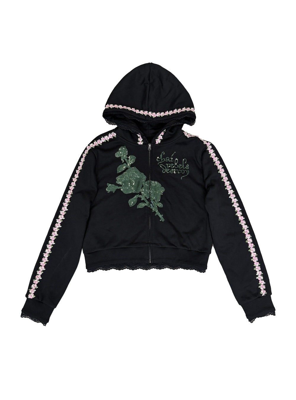 CHAI Floral Sequin Embroidery Cropped Zip-Up Hoodie