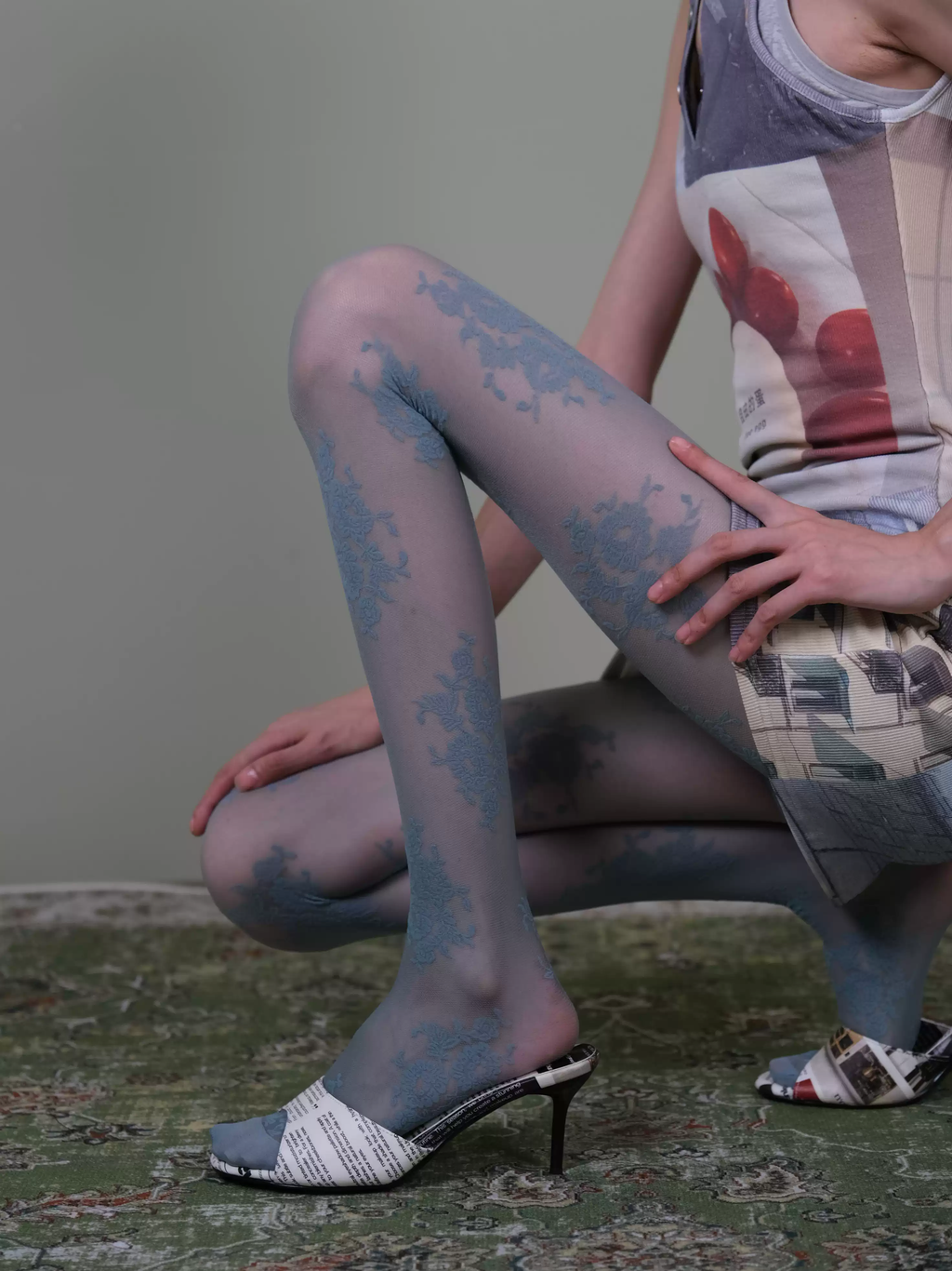 Blue Floral Lace Tights - Elegant Vintage Sheer Patterned Stockings