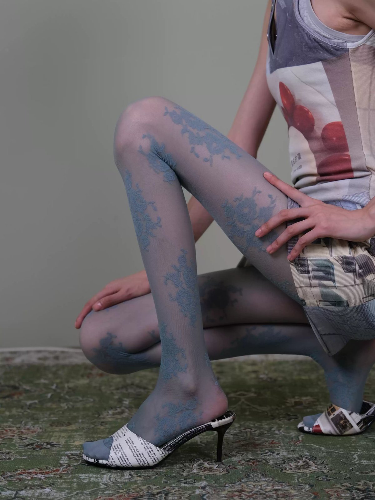 Blue Floral Lace Tights - Elegant Vintage Sheer Patterned Stockings
