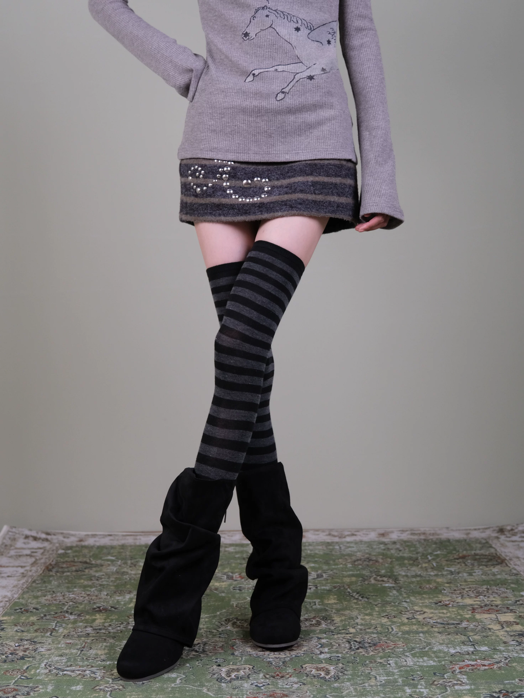 Retro Striped Over-the-Knee Socks - Grey & Black Y2K Thigh-High Socks