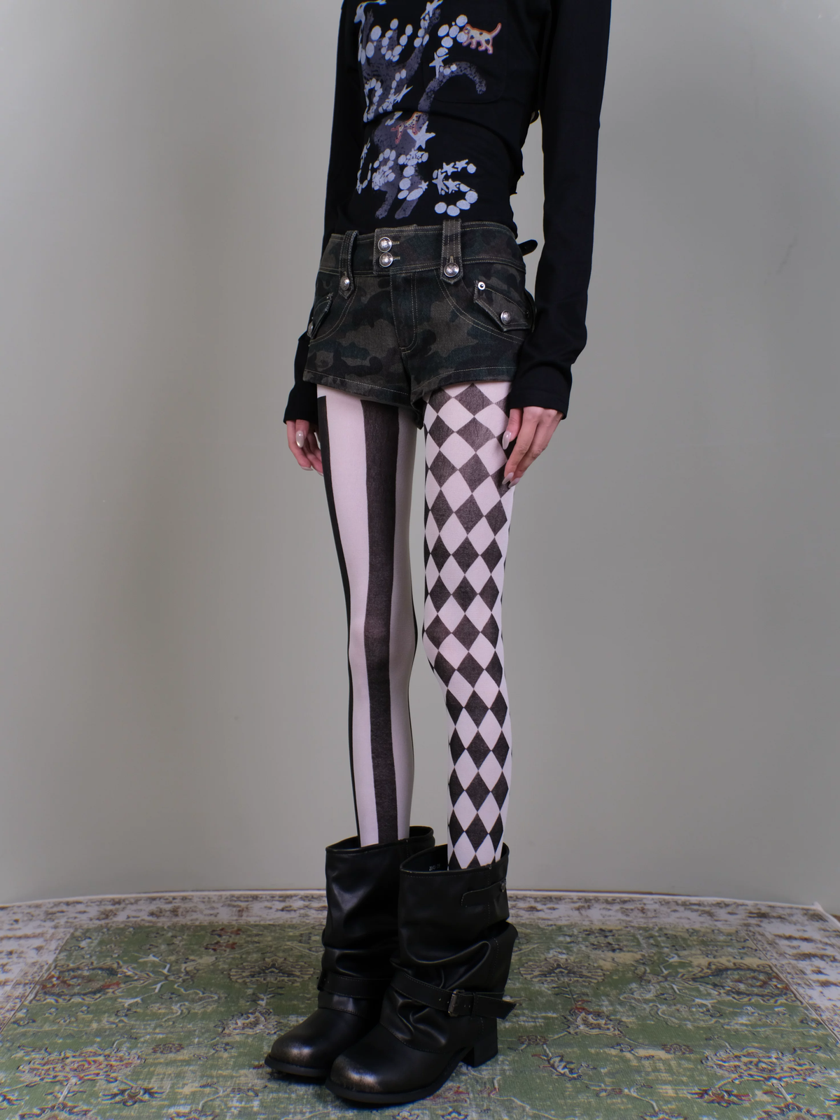 Harlequin Diamond & Vertical Stripe Mismatched Tights - Black & White Gothic AB Style