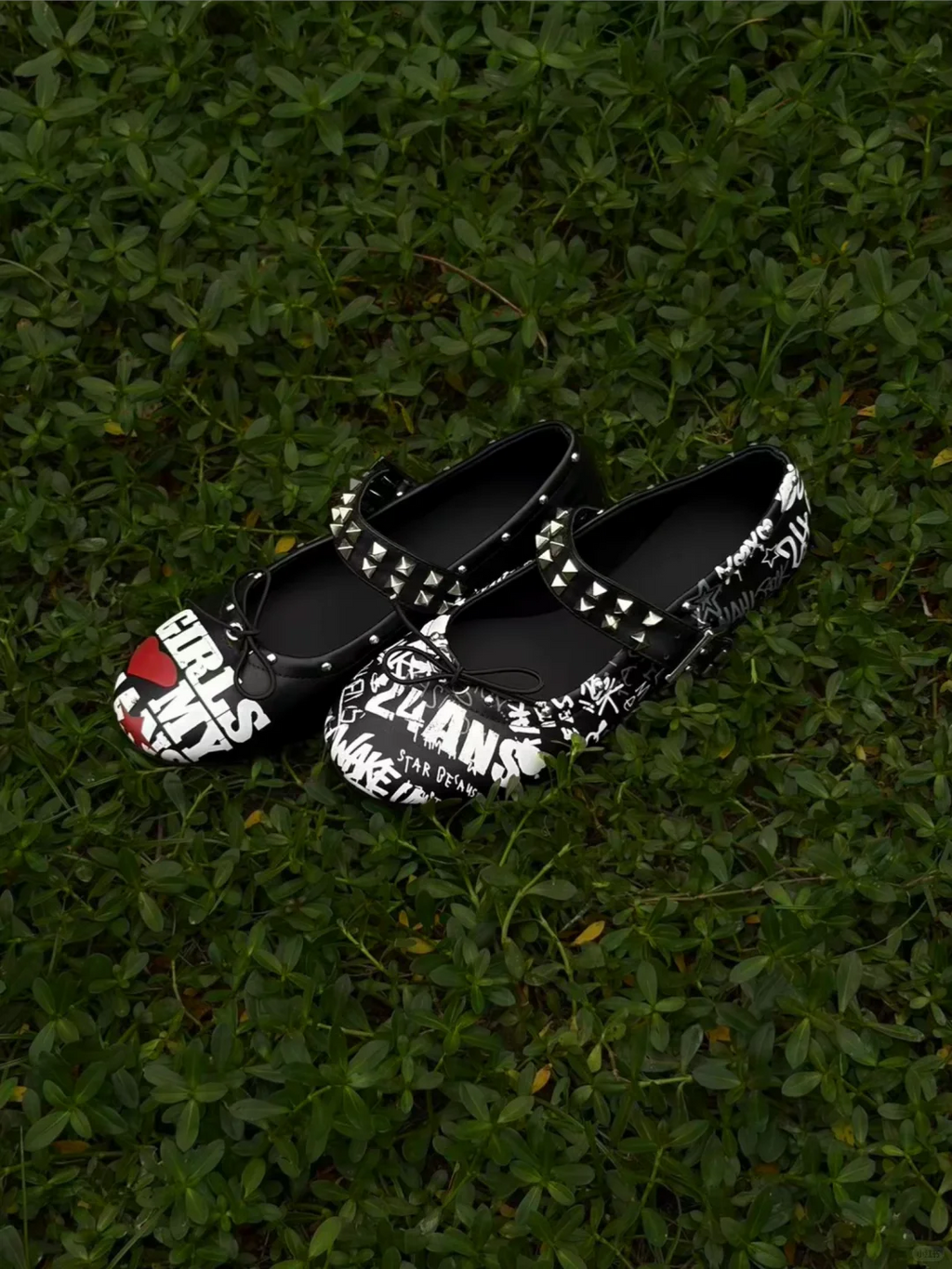 24ANS STUDDED GRAFFITI MARY JANE BALLET FLATS