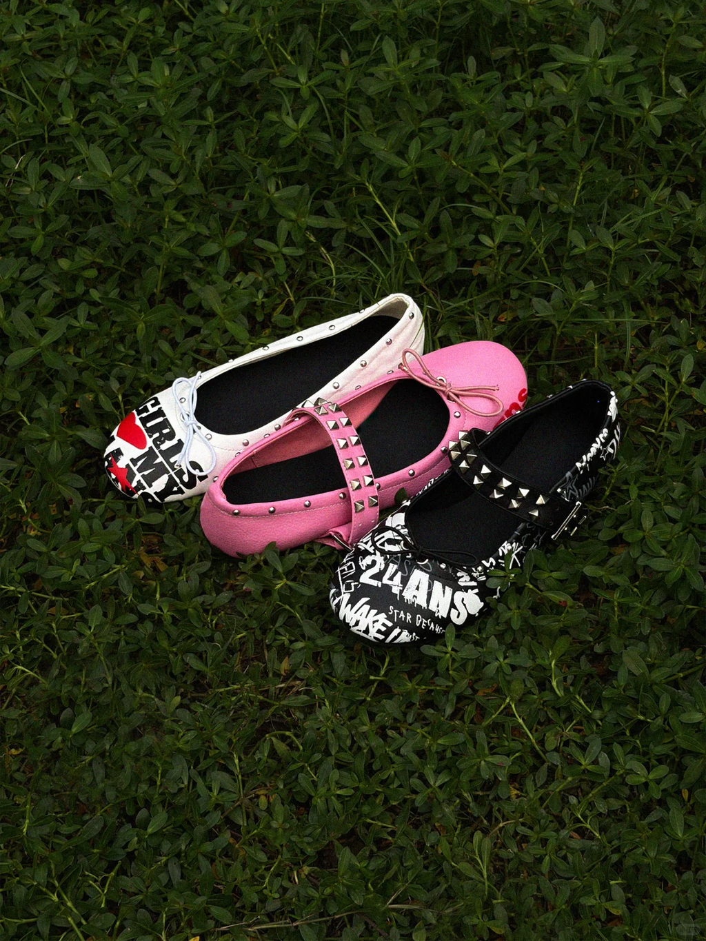 24ANS STUDDED GRAFFITI MARY JANE BALLET FLATS